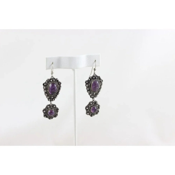 900 Silver Vintage Purple Glass Flower Dangle Drop Earrings - Picture 3 of 5